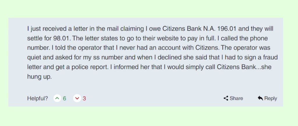 Collector agent drop the call after the consumer claimed she did not have a citizen bank account